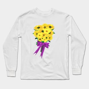 Yellow Sunflowers Bouquet with Purple Ribbon (White Background) Long Sleeve T-Shirt